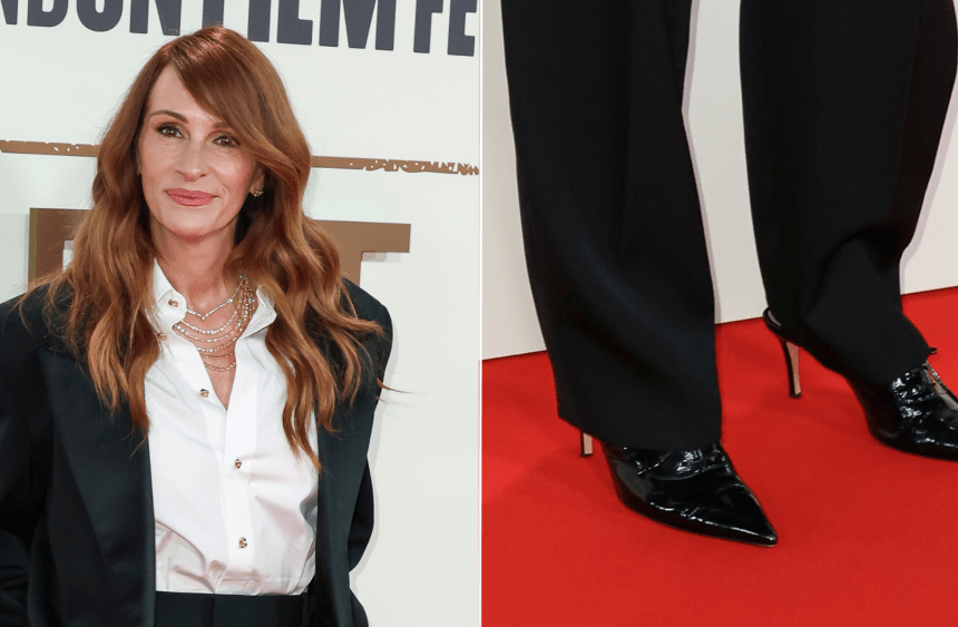 Julia Roberts wearing menswear-inspired patent lace-up pumps at the BFI London Film Festival on Saturday.
