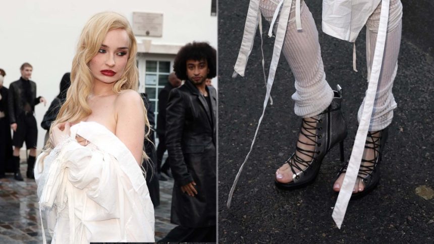 Kim Petras attends the Ann Demeulemeester during Paris Fashion Week on Saturday wearing the house's metallic Hilla ankle boots.