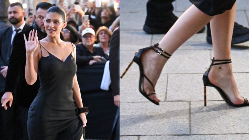 Kylie Jenner at the Tom Ford fashion show as part of spring 2026 Paris Fashion Week on Wednesday in Paris, France, sandals, Tom Ford  tortoiseshell-effect heels