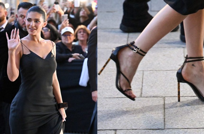 Kylie Jenner at the Tom Ford fashion show as part of spring 2026 Paris Fashion Week on Wednesday in Paris, France, sandals, Tom Ford  tortoiseshell-effect heels