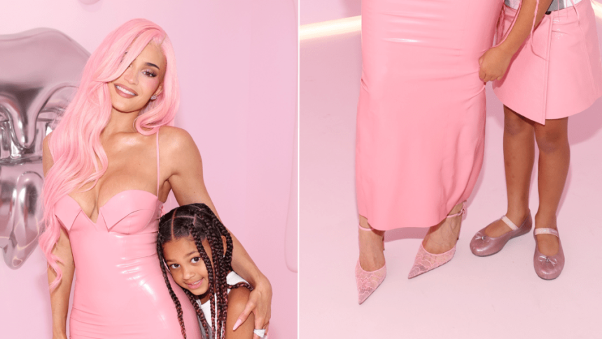 Kylie Jenner and her daugther Stormi Webster match in pink shoes, with Jenner in Amina Muaddi and Stormi in Mini Melissa flats, for the 10th Anniversary of Kylie Cosmetics on Friday.