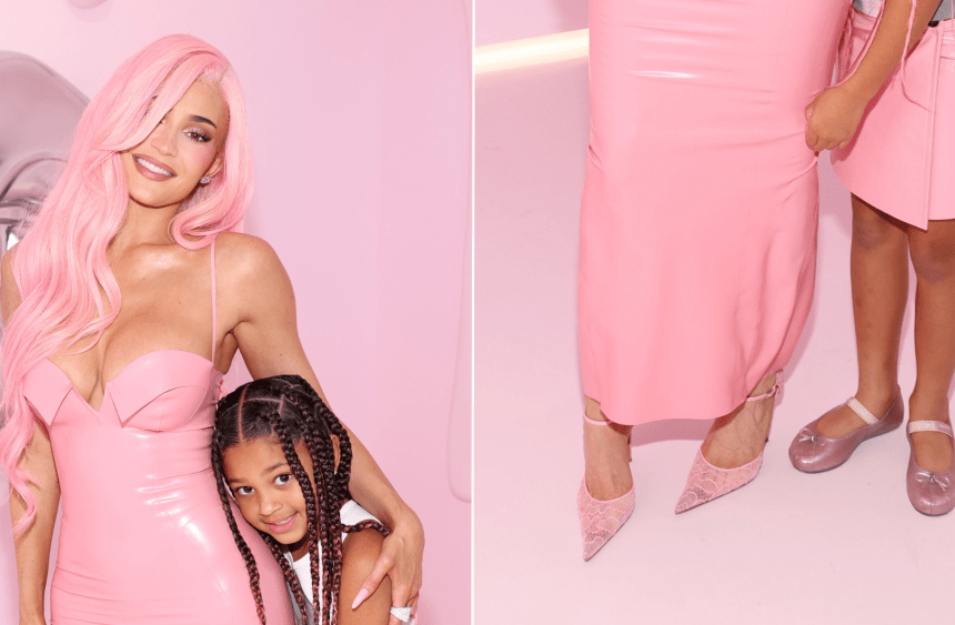 Kylie Jenner and her daugther Stormi Webster match in pink shoes, with Jenner in Amina Muaddi and Stormi in Mini Melissa flats, for the 10th Anniversary of Kylie Cosmetics on Friday.