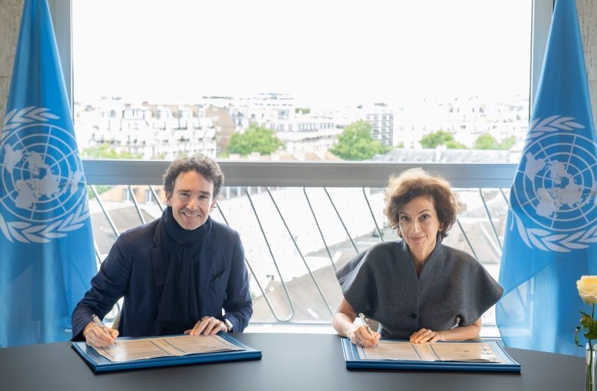 LVMH director of image and environment Antoine Arnault and UNESCO director general Audrey Azoulay.