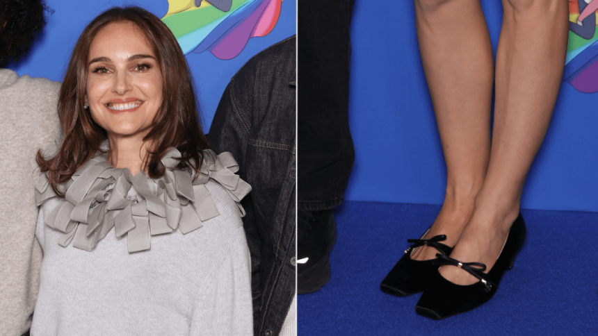 Natalie Portman wears black block-heel Mary Jane shoes at the Paris premiere of Arco on Sunday.