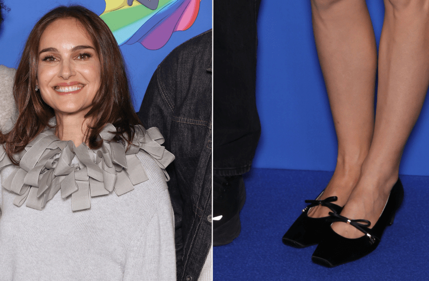 Natalie Portman wears black block-heel Mary Jane shoes at the Paris premiere of Arco on Sunday.