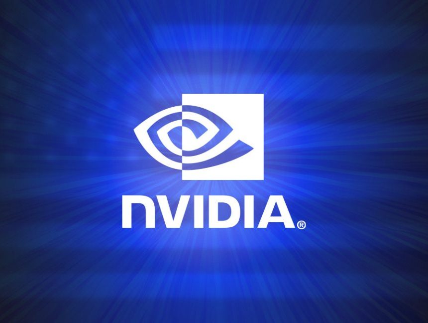 The Nvidia logo on a blue background with an American flag.