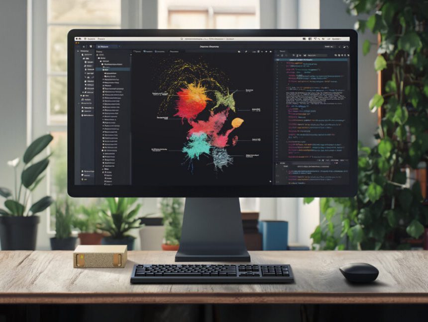 The Nvidia DGX Spark is the tiny gold box sitting on the desk to the left of the monitor.