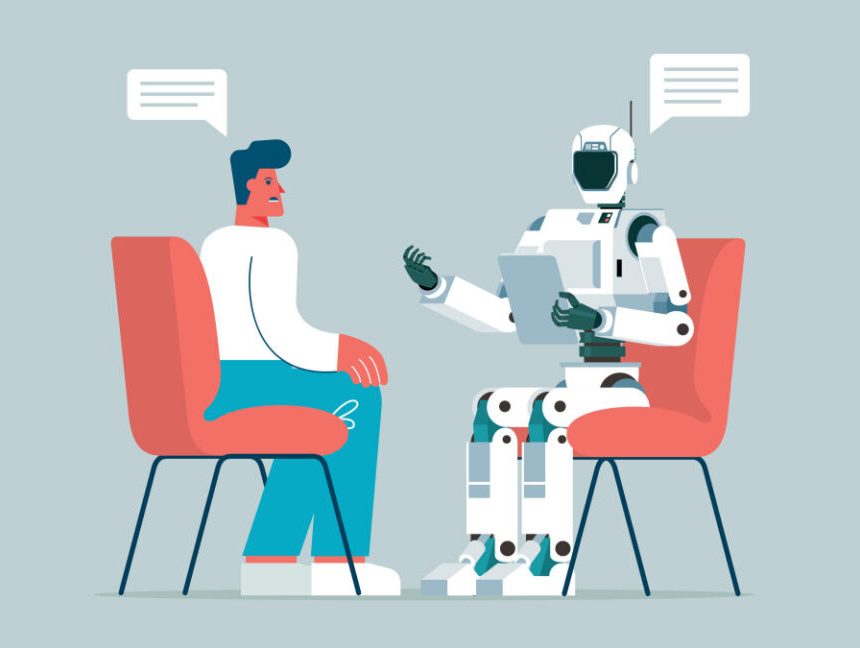 Illustration of a person talking to a robot holding a clipboard.