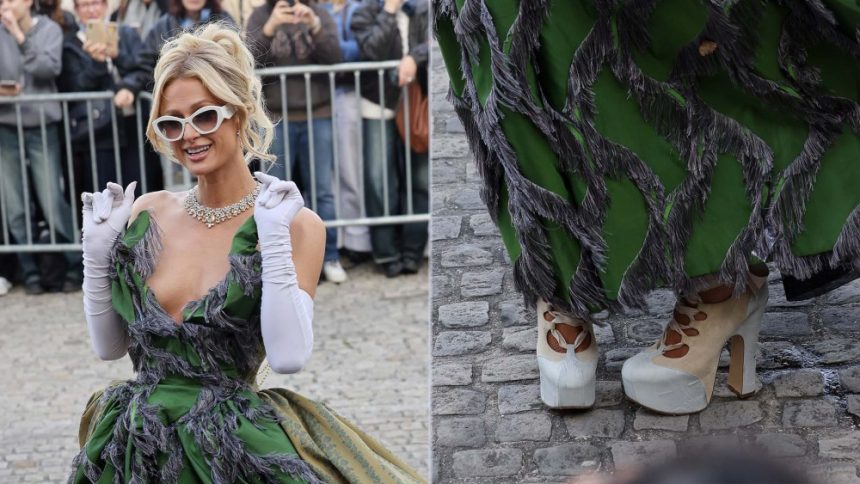 Paris Hilton wears corset lace-up platform heels at the Vivienne Westwood show during Paris Fashion Week. The silhouette nods towards the infamous Gillies heel.
