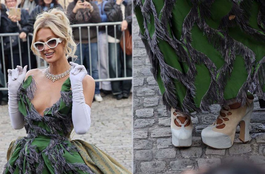 Paris Hilton wears corset lace-up platform heels at the Vivienne Westwood show during Paris Fashion Week. The silhouette nods towards the infamous Gillies heel.