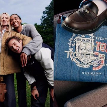 group of people wearing Marc Jacobs x A.P.C. collection clothing and accessories; a Marc Jacobs x A.P.C tote bag made out of denim, with someone's foot resting on top