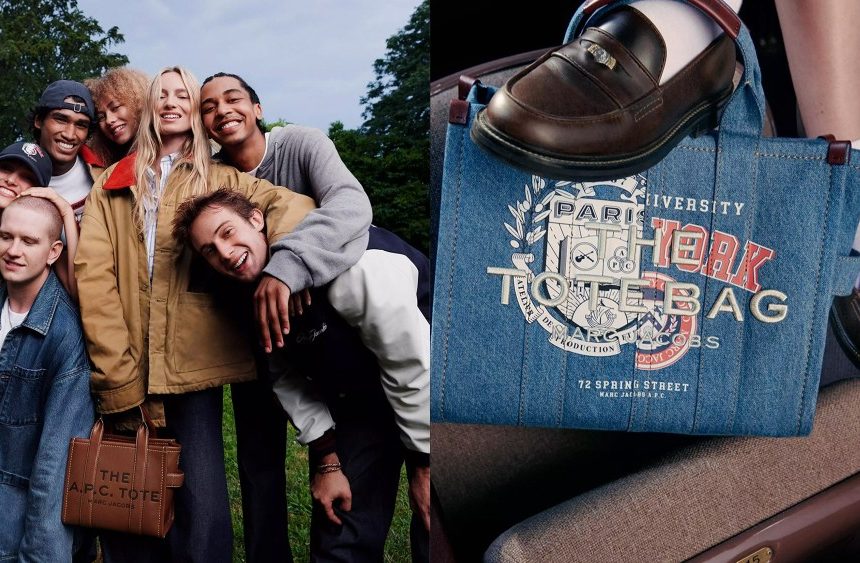 group of people wearing Marc Jacobs x A.P.C. collection clothing and accessories; a Marc Jacobs x A.P.C tote bag made out of denim, with someone's foot resting on top