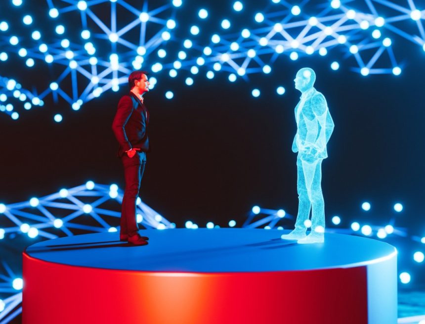 Man standing on a red platform, facing a holographic digital twin of himself. The background features a network of interconnected blue lights, creating a futuristic and high-tech atmosphere. The scene represents concepts of digital twins, virtual reality, and advanced technology.