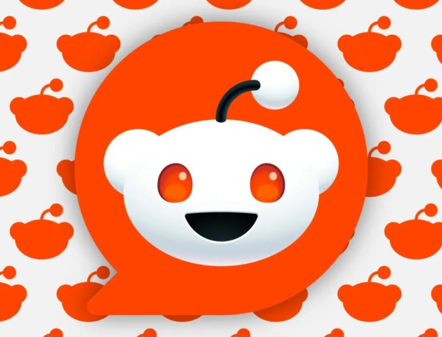 large Reddit logo overlaying background of smaller logo silhouettes