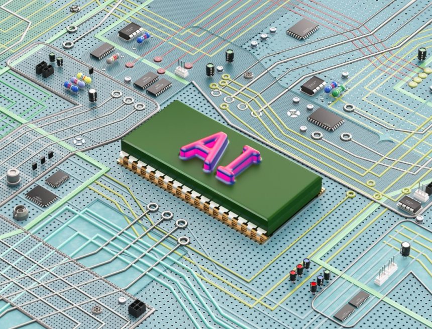 A complex electronic circuit board containing an artificial intelligence chip