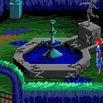 A VGA game showing a garden and a player character