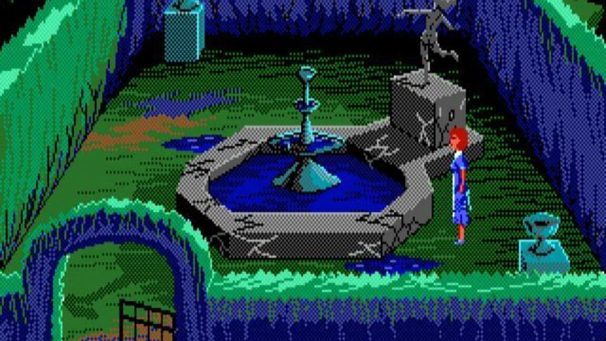 A VGA game showing a garden and a player character