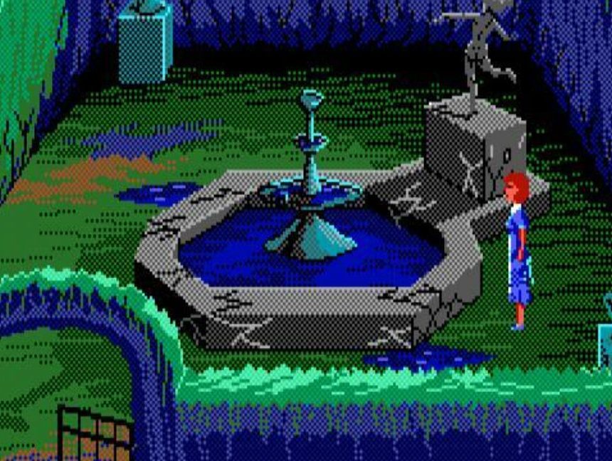 A VGA game showing a garden and a player character