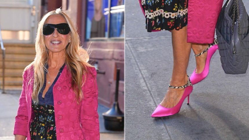 Sarah Jessica Parker wearing Breast Cancer Awareness Month-pink pumps with a snakeskin ankle strap in Nnew York on Thursday.