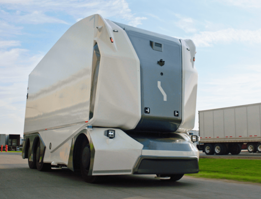 Einride's autonomous electric pod, a truck built without a cab for a driver, on road