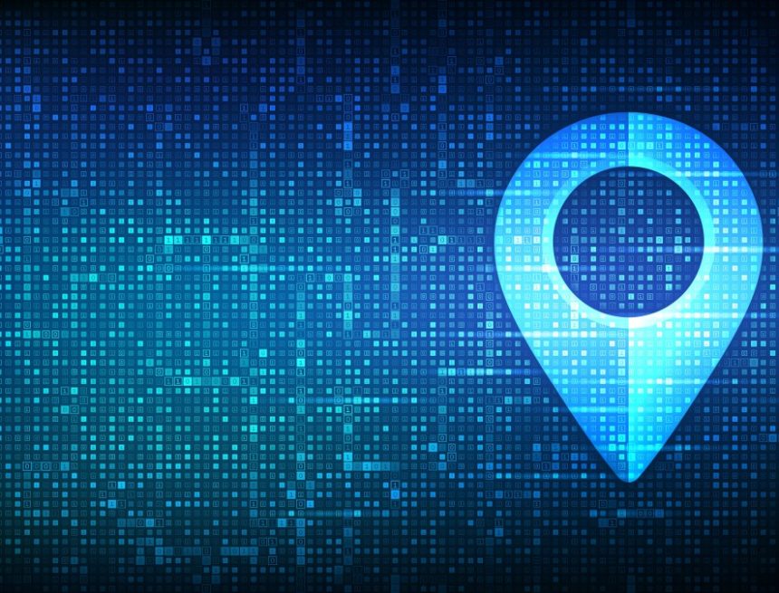 Pointer of map on matrix background with digits 1 and 0