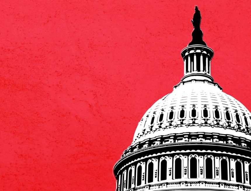 render of the US Capitol dome on red background
