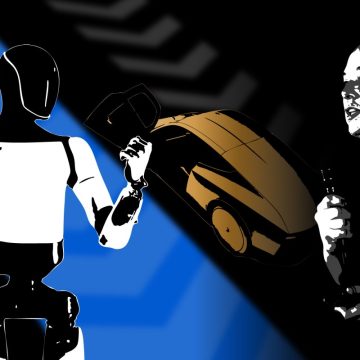 TechCrunch Mobility: The 'robot army' argument Illustration of Elon Musk, an Optimus robot and a Cybercab