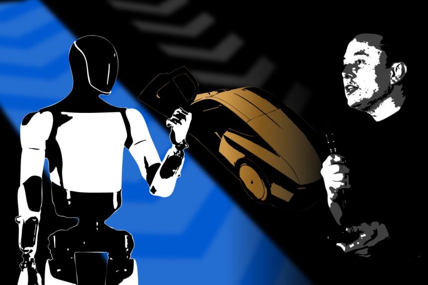 TechCrunch Mobility: The 'robot army' argument Illustration of Elon Musk, an Optimus robot and a Cybercab