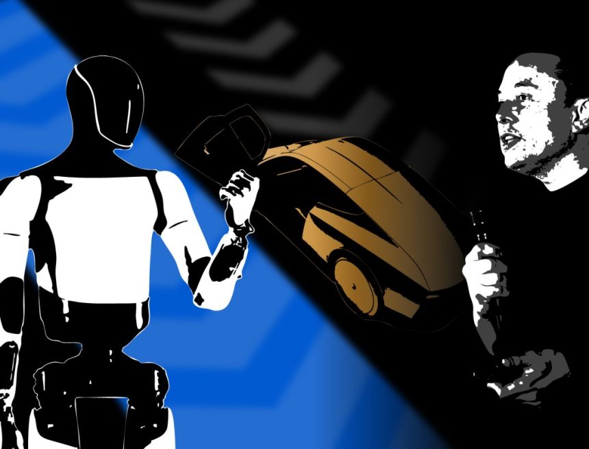 Illustration of Elon Musk, an Optimus robot and a Cybercab