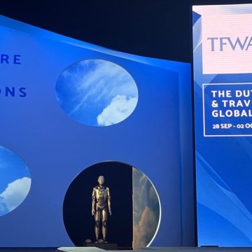 Ameca, the AI-generated robot, took to the state at the TFWA World Exhibition & Conference.