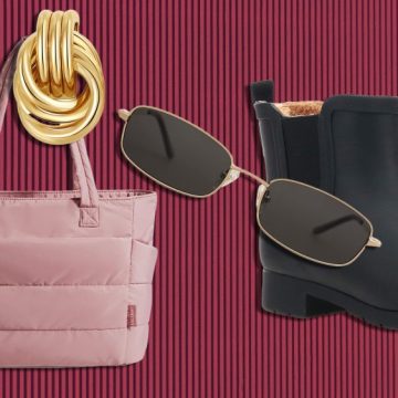 assortments of accessories and fashions like earrings, bags, and chelsea boots over a red striped background