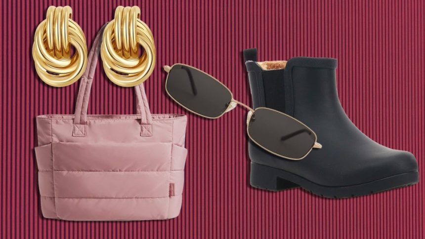 assortments of accessories and fashions like earrings, bags, and chelsea boots over a red striped background