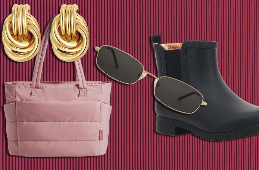 assortments of accessories and fashions like earrings, bags, and chelsea boots over a red striped background