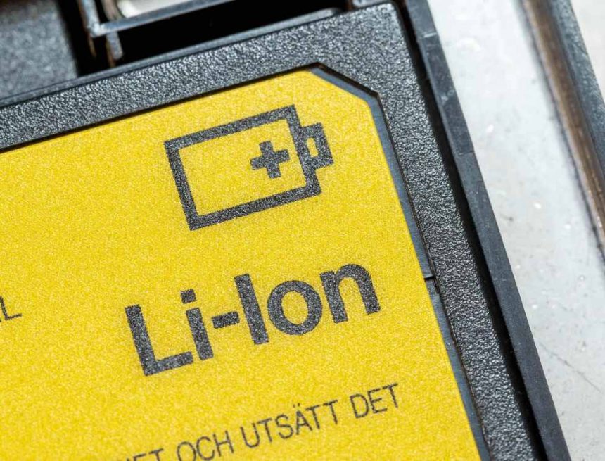 A label sits affixed to a lithium-ion battery.