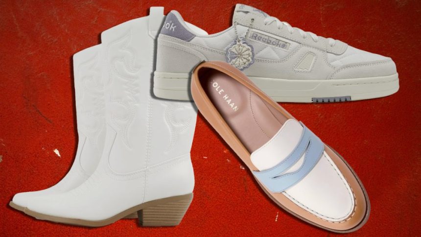 assortment of footwear like sneakers, loafers, and boots over a dark red background