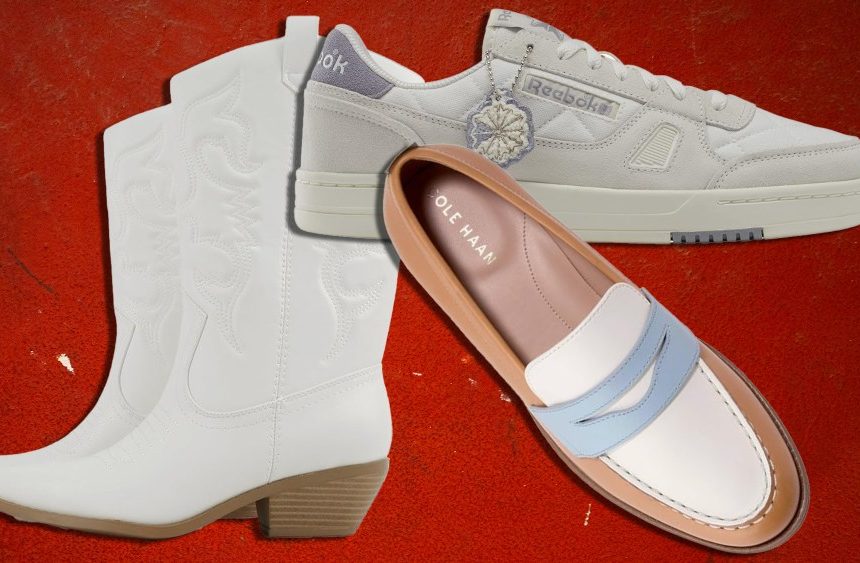 assortment of footwear like sneakers, loafers, and boots over a dark red background