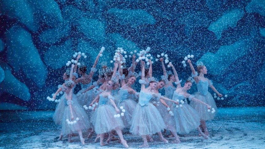 Where to Buy Online Early cluster of dancers in ballet costumes dancing for a performance of the nutcracker while snow falls around them