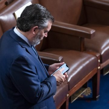 Senator Ted Cruz standing and looking down at his phone.