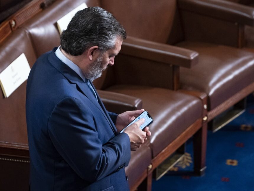 Senator Ted Cruz standing and looking down at his phone.