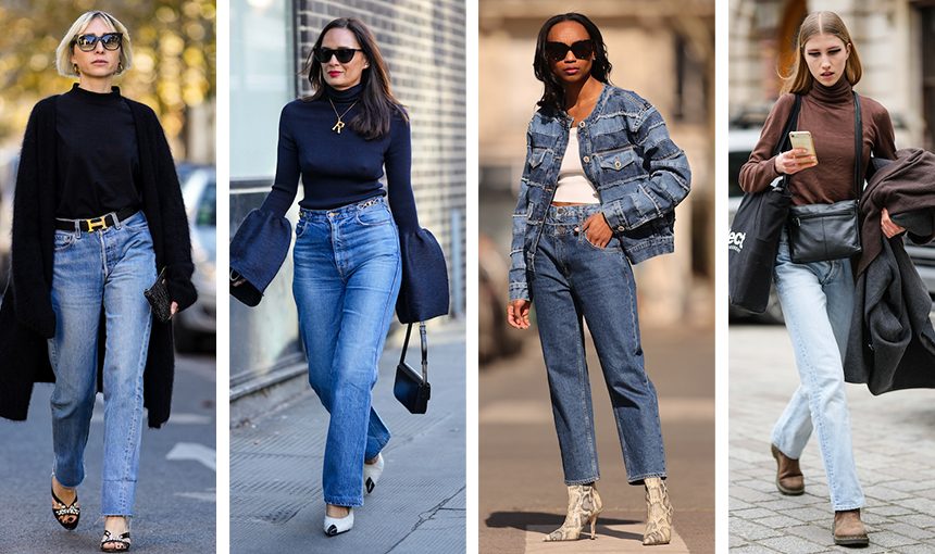 A guest wears black sunglasses, diamonds earrings, a black ribbed wool high neck / puffy ruffled long sleeves pullover, a gold chain with R pendant necklace, blue denim large pants, white tweed with black shiny varnished leather pointed pumps heels shoes , a black shiny leather handbag from Celine , outside Christopher Kane, during London Fashion Week February 2023 on February 19, 2023 in London, England, Emilie Joseph @in_fashionwetrust wears black sunglasses, rhinestones earrings, a white round neck tank-top from Sandro Paris, a blue and navy blue ripped stripped print pattern denim jacket from Sandro Paris, blue denim Trompe l'oeil jeans large pants from Sandro, beige and black shiny leather snake print pattern pointed heels ankle shoes from Paris Texas , during a street style fashion photo session, on March 26, 2022 in Paris, France, A model wears a dark brown turtleneck t-shirt, a dark brown long coat, a black cotton shoulder bag, a black shiny leather crossbody bag, blue faded denim large pants, brown suede ankle boots , outside Emilia Wickstead, during London Fashion Week February 2023 on February 20, 2023 in London, England.