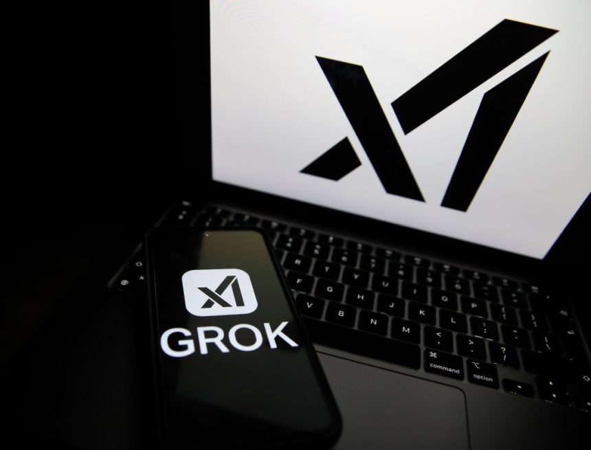 The Grok logo appears on a phone and the xAI logo is displayed on a laptop.