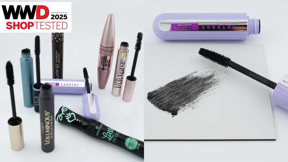 seven of the best drugstore mascaras our editors tested on a white background; purple tube of mascara swatched on a white surface