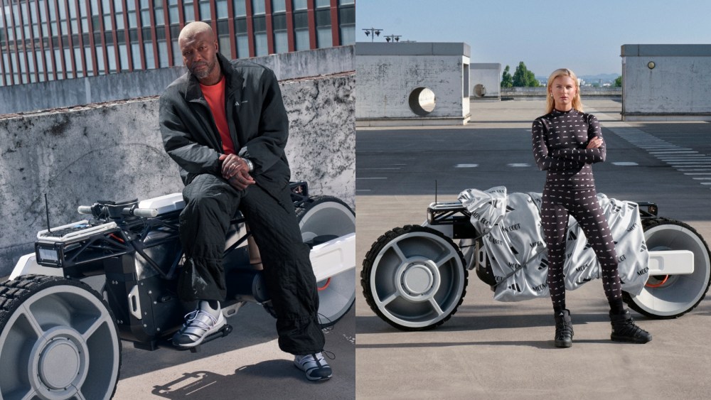 Djibril Cissé (left) and Frida Karlsson (right) modeling Adidas x Moon Boot pieces.