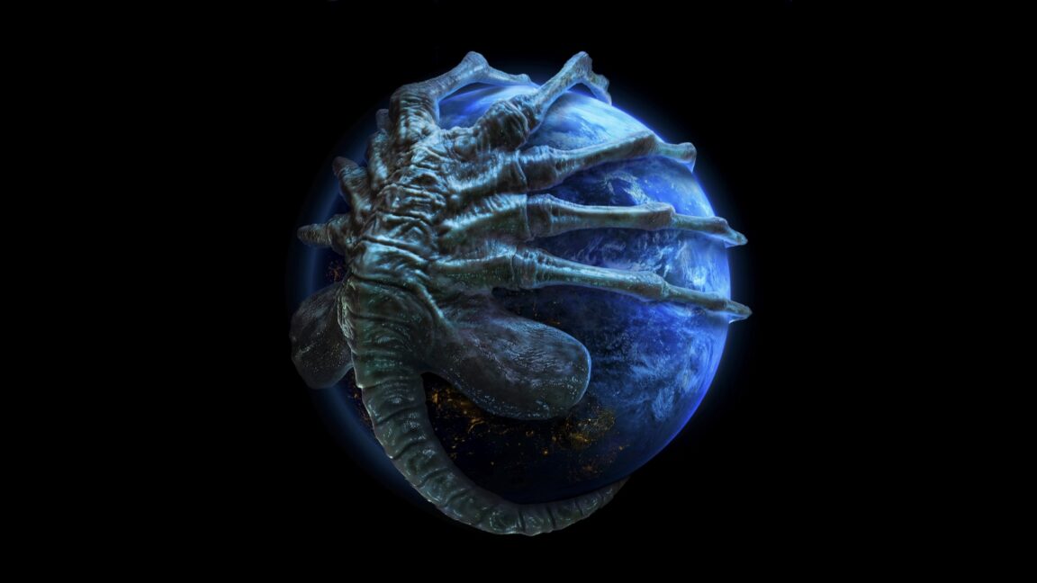 A facehugger wraps around a render of Earth