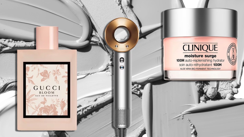 assortment of on-sale ulta products, from the dyson supersonic to a gucci perfume and a clinique moisturizer, over a black and white background of makeup swatches