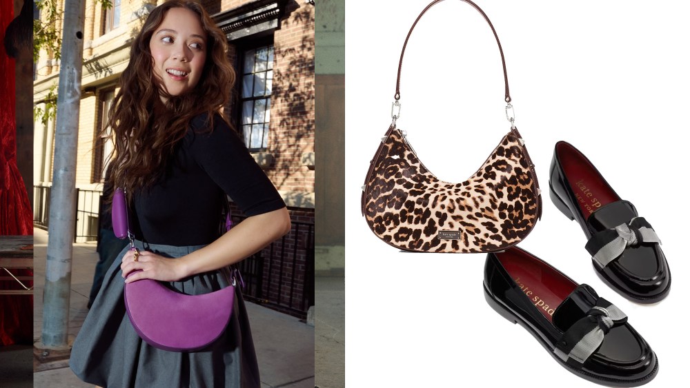 laufey posing for kate spade campaign with purple shoulder bag; a leopard print kate spade bag and a pair of kate spade loafers over a white background