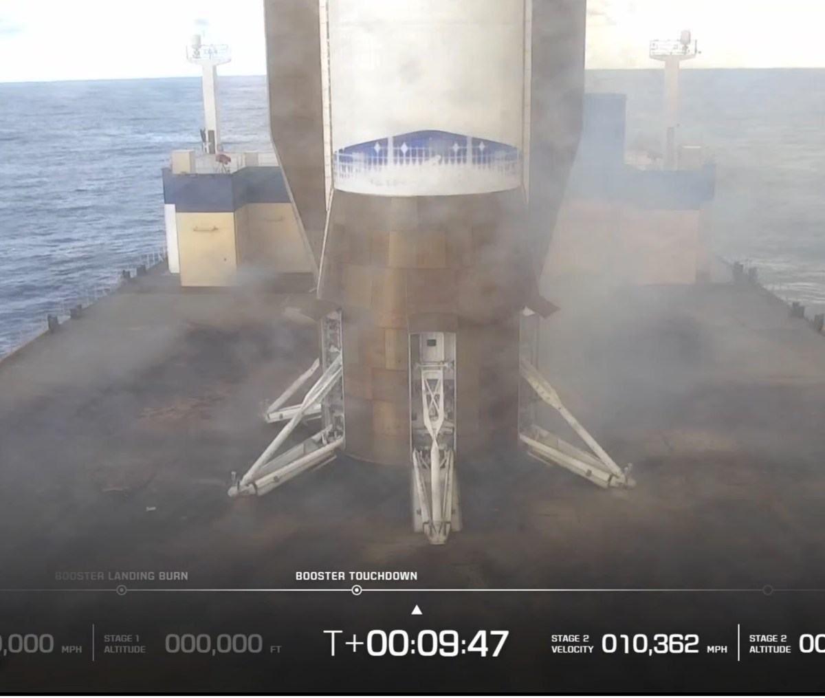 Blue Origin's New Glenn booster on the company's landing platform in the ocean