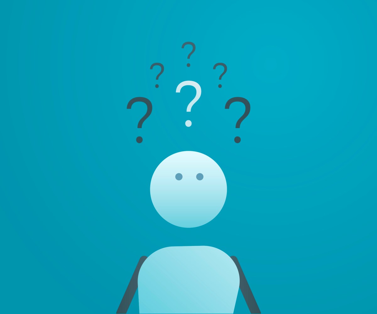 Character with a stack of question marks above his head. Vector illustration for different concepts like doubt, questions and answers, curiosity, confusion etc.
