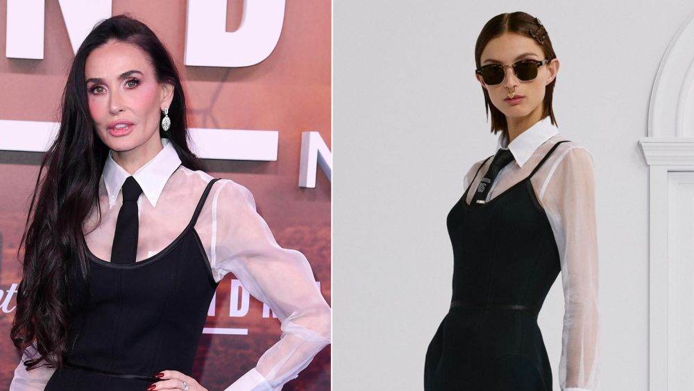 Demi Moore wears Look 47 from Thom Browne's resort 2026 collection at the Berlin premiere of "Landman" Season 2 on Friday evening; Look 47 from Thom Browne's resort 2026 collection.