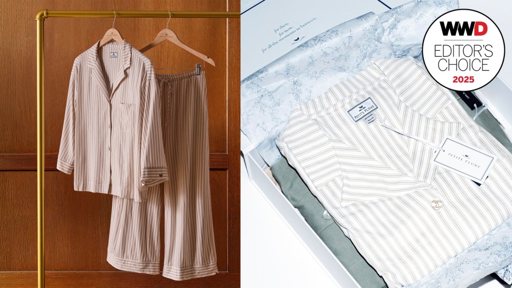 Petite Plume The Olivia pajamas in new fall colorways on clothing rack; editor tested Petite Plume pajamas